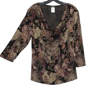 MSK Top 3/4 Sleeve Floral Cottage Romantic Earthy Cowl Neck Metallic Black 1X